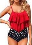 Holipick Tankini Swimsuits for Women Two Piece Bathing Suits Ruffle Tops with High Waisted Bottoms Bikini Sets for Teen Girls, Red Black Dot, Large