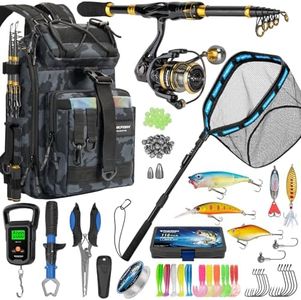 THKFISH Telescoping Fishing Rod and Reel Combo with Backpack, Carbon Fiber Travel Fishing Pole Spinning Reel Kit with Fishing Lures, Fishing Net (Camo Backpack with Fishing net & Rod, 1.8M 6FT)