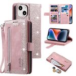 UEEBAI Wallet Case for iPhone 13 6.1 inch, Retro 9 Card Holder Slots Zipper Pocket Handbag Case PU Leather Magnetic Closure Kickstand with Wrist Strap TPU Shockproof folio Case - Rose Gold