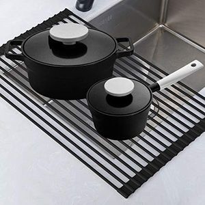 Roll Up Rack, Collapsible Dish Drying Rack-In The Sink Drying Mat-Multipurpose Dish Drainer-Rv Dish Drying Rack-Fruits and Vegetable Rinser-Durable Silicone Covered Stainless Steel Black, TECI TCF001B