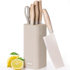 Astercook Knife Set, 6-Piece Kitchen Knife Set with Block, High Carbon Stainless Steel Ultra Sharp Kitchen Knives, Wood Grain Handle, Dishwasher Safe Knife Block Set, Khaki