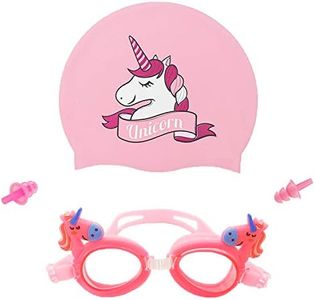 Kids Swim Cap&Goggle, Fun Swimming Cap&Goggle for Kids & Toddlers,High Elastic Silicone Waterproof Swim Cap with Anti-Fog Goggle Set for Children, Boys, Girls Age 3-12,Lovely Cute Cartoon (UNICORNP)