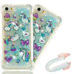 HMTECHUS iPhone 5 case SE case for Girls 3D Cute Painted Glitter Liquid Sparkle Floating Luxury Quicksand Shockproof?Protective Diamond Silicone Slim Cover for iPhone 5S -Bilng Rainbow Horse YB