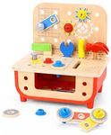 TOOKYLAND Pretend Play Wooden Workbench - 31pcs Builder's Tool Bench Play Set for Kids, Ages 3+