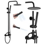 gotonovo Outdoor Shower Faucet Sets Matte Black 304 Stainless Steel Shower Head with 2 in 1 Cylinder Handheld Spray 2 Function Exposed Shower Combo Set Wall Mount Single Handle