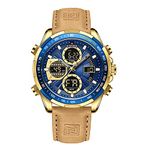 NAVIFORCE Men's Military Digital Watches Analog Quartz Waterproof Watch Sport Multifunctional Leather Wristwatch, Gold+Blue