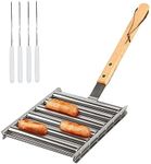 Rolling Sausage Grill Stainless Steel BBQ Hot Dog Rolling Rack with Long Wooden Handle and 4 Skewers for Outdoor Grill, 5 Hotdog Capacity, Medium