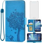 Asuwish Compatible with Samsung Galaxy S4 Wallet Case and Tempered Glass Screen Protector Flip Wrist Strap Card Holder Cell Phone Cover for Glaxay S 4 Gaxaly 4S Galaxies GS4 I9500 Women Men Blue