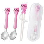 3Pcs Kids Training Chopsticks,Kids Chopsticks Reusable Cat Childrens Chopsticks Learning Chopsticks Easy to Use Right Learning Chopsticks for Children Toddler Beginners,Include Spoon Portable Box,Pink