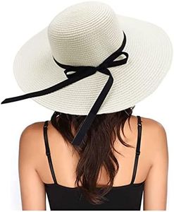 Sombrero De Paja para Mujer, Sombrero De Paja De ala Ancha De Verano Plegable Ajustable con Lazo, Sombrero De Playa para Mujer para Playa, Vacaciones, Actividades Al Aire Libre (Blanco)