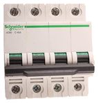 Schneider Electric Acti9 MCB A9N4P40C, 40Amp 4 Pole MCB, C Curve, 10000A (10kA) White Color Miniature Circuit Breaker