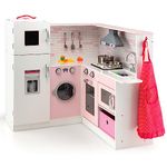 GYMAX Kids Toy Kitchen, Wooden Corner Play Kitchen with Lights, Sounds, Washing Machine, Range Hood, Ice Dispenser, Apron & Chef Hat, Children Role Play Kitchen for 3 Years Old +