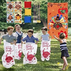 17-Pack Thanksgiving Games - Potato Sack Race Bags - Bean Bag Toss Game - Make-A-Turkey Stickers - Thanksgiving Party Games for Kids and Adults