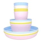 Bloomsworld Toddler Dining Set, 4 Plastic Cups, Bowls and Plates, Reusable, BPA Free, Kids Picnic and Party Tableware for Boys and Girls - Pastel