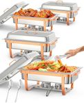 Chafing Dish Buffet Set, 8QT 4 Pack, Rectangle Chafing Dishes for Buffet w/Lid Holder, Stainless Steel Chafer Food Warmers Servers with Spoon and Tweezers for Kitchen Party Banquet Dining, Rose Gold