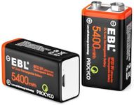 EBL Rechargeable 9V Lithium Batteries, 5400mWh USB 9 Volt Li-ion Batteries Long-Lasting(2 Pack)