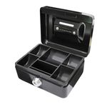 Cathedral Products Key Lockable Cash Box with Lift Out 6 Compartment Coin Tray - 4 Inch - Black