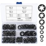 340 Pcs Starlock Washers, Internal Tooth Washers, Quick Speed Locking Push On Clips Washers, Speed Clips Fasteners Washers Assortment Kit - M3, M4, M5, M6, M8, M10, M12. (black/manganese steel)