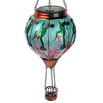 TEYIGARDEN Solar Hot Air Balloon Lantern with Flame, Glass Hot Air Balloon Solar Lantern Flickering Lights Waterproof Hanging Outdoor Hummingbird Solar Lantern for Yard Porch Backyard Decor