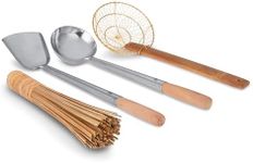 Craft Wok Tools 4 pcs Set: Ladle, Spatula, Strainer, Bamboo Brush/Utensils Traditional Asian Cookware with Wooden Handles / 732W9