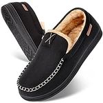 LongBay Men's Comfort Moccasin Slippers Memory Foam Warm Fluffy Faux Fur House Shoes with Indoor Outdoor Rubber Sole (10UK, Black)