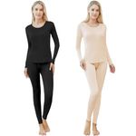 2 Sets Women's Silk Thermal Underwear Set Mulberry Silk Long Underwear Base Layer Silk Pajamas Top Bottom Set for Winter, Black, Flesh Color, Medium