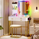 yoofun LED White Dressing Table With Mirror And Stool, Auto Sensor Makeup Desk with Charging Station, Modern Glass Top Vanity Table Set with 3 Drawers, Open Shelves for Bedroom Ajustable light