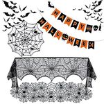 Halloween Decorations Spider bat Indoor Set - Halloween Fireplace Mantel Scarf & Round Table Cover & Lace Table Runner &Halloween Banner & 72 pcs Scary 3D Bat for Halloween Decor