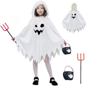 NA# Déguisement d'Halloween Cape Fantôme pour Enfants Costume Spooky Trick-or-Treat avec Sac Citrouille Blanc 4-6 ans