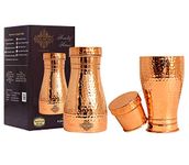 INDIAN ART VILLA Pure Copper Bedroom Water Bottle with Inbuilt Glass, Hammered Shine Design, Drinkware and Storage Purpose, 1 litre (Pack of 2)