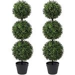 3ft Artificial Boxwood Topiary Tree, Triple Ball Boxwood Greenery Plant, Fake Potted Moulded Trees Perfect Faux Plants for Indoor Outdoor House Home Office Garden Decoration, Set of 2(Milano Leaf)