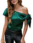 VIDUSSA Women's Satin Shirt Off Shoulder Tops Silk Blouse Short Sleeve Casual Tunic Tops Dark Green S