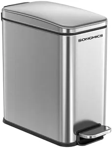 SONGMICS Bathroom Trash Can, 1.3 Gallon (5 L) Small Trash Bin with Lid, Slim for Small Spaces, Stainless Steel Garbage Can, Soft Close, Silver ULTB560E05