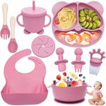 Dazhtu 10 pcs Baby Weaning Set Silicone Baby Feeding Set with Suction Bowl, Adjustable Bib,Cup,Fork & Spoo,Baby Plate,Silicone Plate Baby, Food Plate Kit, Ideal Baby Feeding Set for Baby Gifts, Pink