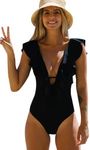 Sporlike Women One Piece Swimsuit V-Neck Ruffle Bathing Suit Padded Monokini(Black,Large)