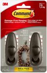 Command Medium Oil Rubbed Bronze Metal Hooks, 2 Hooks and 4 Command Strips, Damage Free Wall Hooks with Adhesive Strips, Forever Classic Hooks for Hanging Christmas Decorations, Holds up to 3 lb