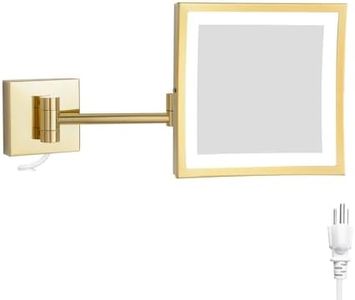 DOWRY Wall Mounted LED Lighted 5X Magnifying Square Makeup Mirror with Plug,8 Inch, Polished Gold Finished Dowry1802D-8x5