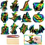 48 Pieces Halloween Scratch Art for Kids, DIY Rainbow Magic Scratch Paper, Bat Pumpkin Halloween Haunted House Arts and Crafts Ornaments for Classroom Activity Party Favor Holiday Decor