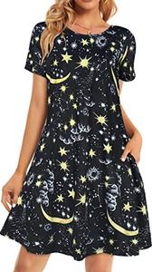 Women's Summer Casual Floral Tshirt Beach Cocktail Loose Sun Dress with Pockets(Black Yellow Moon Star,XL), Black Yellow Moon Star, Large