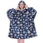 PAVILIA Blanket Hoodie for Women, Sherpa Wearable Blanket Men, Cozy Oversized Sweatshirt Blanket, Hooded Blanket Sweater, Blue Snowflake, Adult