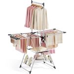 APEXCHASER Clothes Drying Rack with High Hanger, Foldable 3-Level Drying Racks with Shoe Rack, Crossbar and Vertical Rod Laundry Stand with Adjustable Wings