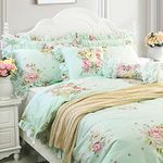 FADFAY Green Floral Duvet Cover Sets Vintage Flower Printed Bedding Hypoallergenic 100% Cotton Designer Bedding Set 3 Pieces, 1duvet Cover & 2pillowcases (Full Size, Ruffle Style)