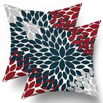 Kawani 4th of July Pillow Covers 18X18 in Patriotic Navy Blue Red Grey Dahlias Floral Decorative Couch Pillow Cases Set of 2 Farmhouse Throw Pillows Home Decor for Room Bedroom Bed Cushion Outdoor