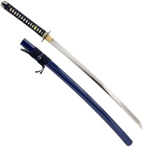 Handmade Sword – Samurai Katana Sword, Functional, Hand Forged, 1045 Carbon Steel, Heated Tempered, Full Tang, Sharp, Orchid Tsuba, Blue Cotton Ito Handle, Deeply Blue Wooden Scabbard