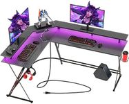 SEVEN WARRIOR L Shaped Gaming Desk with LED Lights & Power Outlets, 58” Computer Desk with Monitor Stand & Carbon Fiber Surface, Corner Desk with Cup Holder, Gaming Table with Hooks, Black