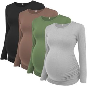 Ecavus Women's 4-Pack Maternity Shirts Long Sleeve Soft Stretchy Pregnancy Tops Side Ruched Casual Mama Clothes