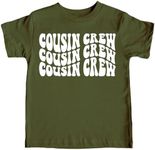 Cousin Crew Wavy T-Shirts for Toddler & Youth Kids Fun Family Matching Outfits, White on Military Green Shirt, 2T