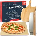 15 x 12 Inch Rectangular Cordierite Pizza Stone for Grill and Oven, with Wooden Peel and Cutter - Deluxe