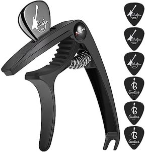Anpro Guitarra Capo Para Guitarra,Viene con 6 Tipos de Púas Para Guitarras Folk y Eléctricas, Ukelele, Mandolina y Banjo, Negro