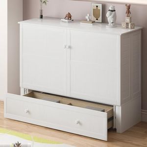 Mjkone Murphy Bed Queen Cabinet with Mattress and Built-in USB Charging Station/Drawer/Bedside Panel, Hidden Wall Guest Cube Chest Beds for Bedroom/Living Room/Apartment - White